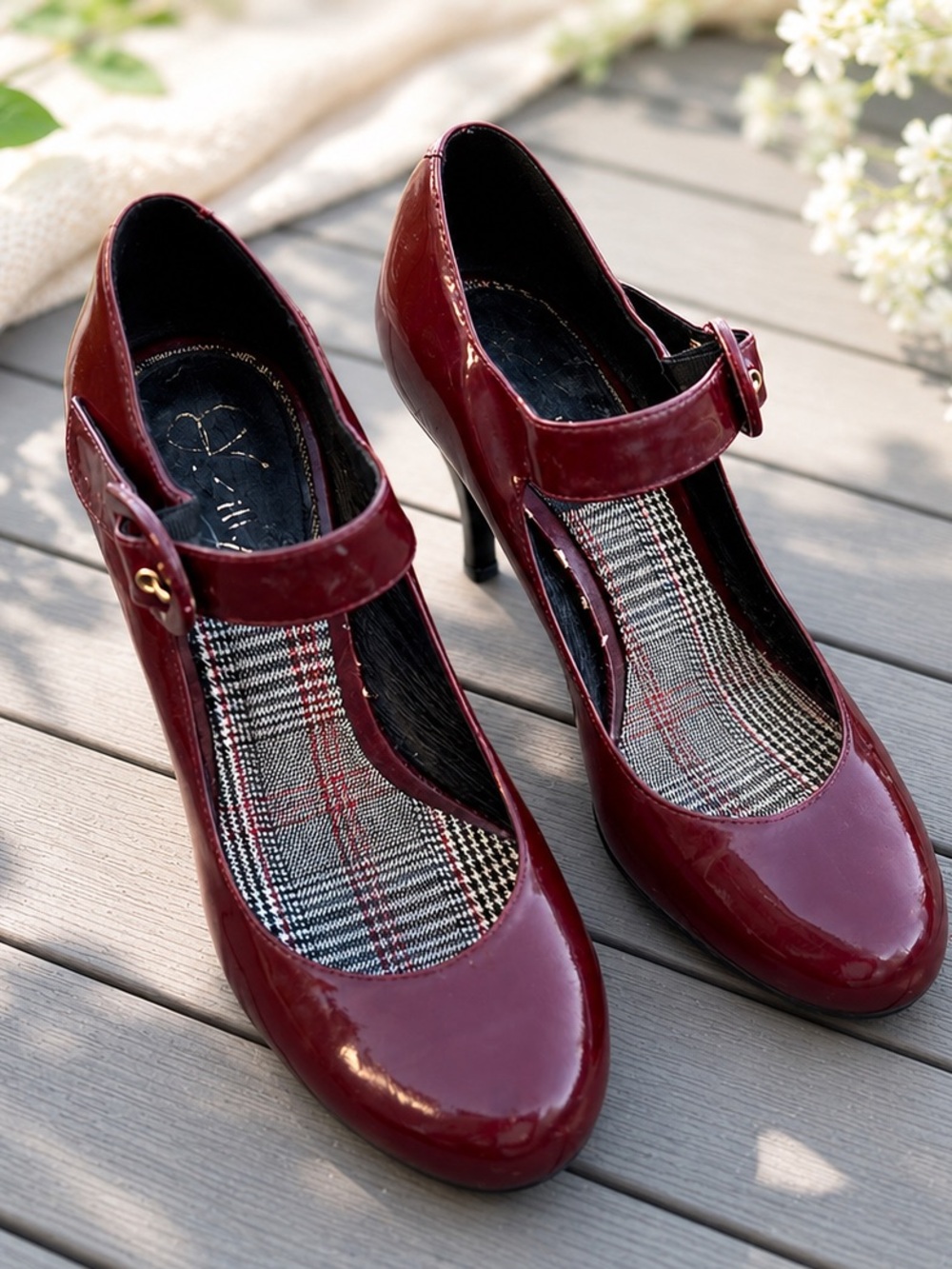 Burgundy Patent Mary Jane Pumps – Plaid Insole, High Heel